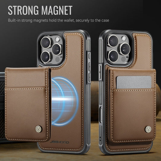 For iPhone 16 Pro JEEHOOD J06 British Style RFID MagSafe Card Bag PU Phone Case(Brown)