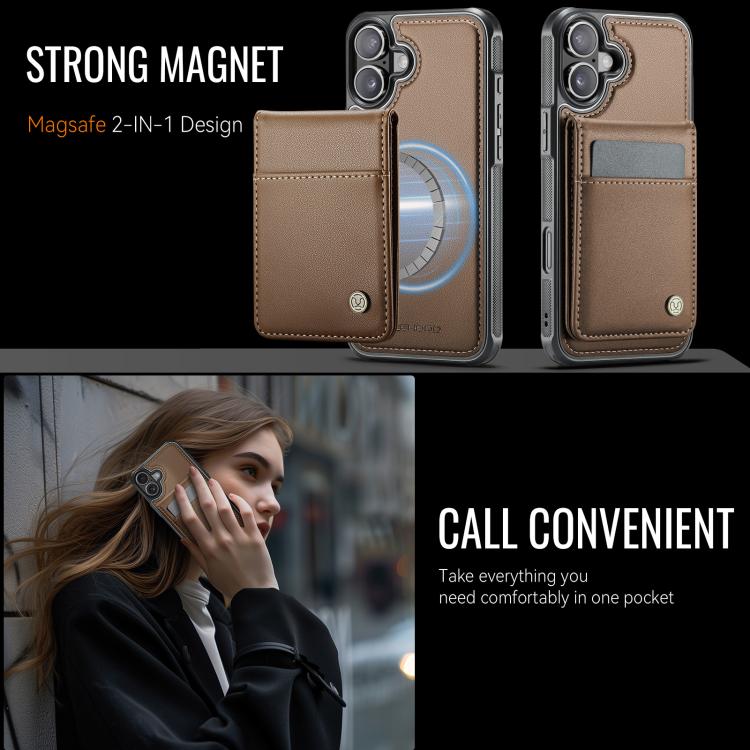 For iPhone 16 Plus JEEHOOD J06 British Style RFID MagSafe Card Bag PU Phone Case(Brown)