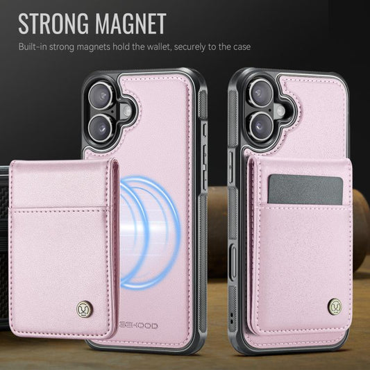 For iPhone 16 JEEHOOD J06 British Style RFID MagSafe Card Bag PU Phone Case(Pink)