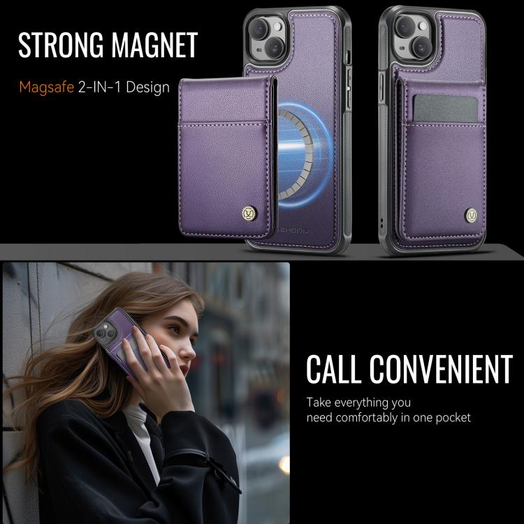 For iPhone 15 JEEHOOD J06 British Style RFID MagSafe Card Bag PU Phone Case(Purple)