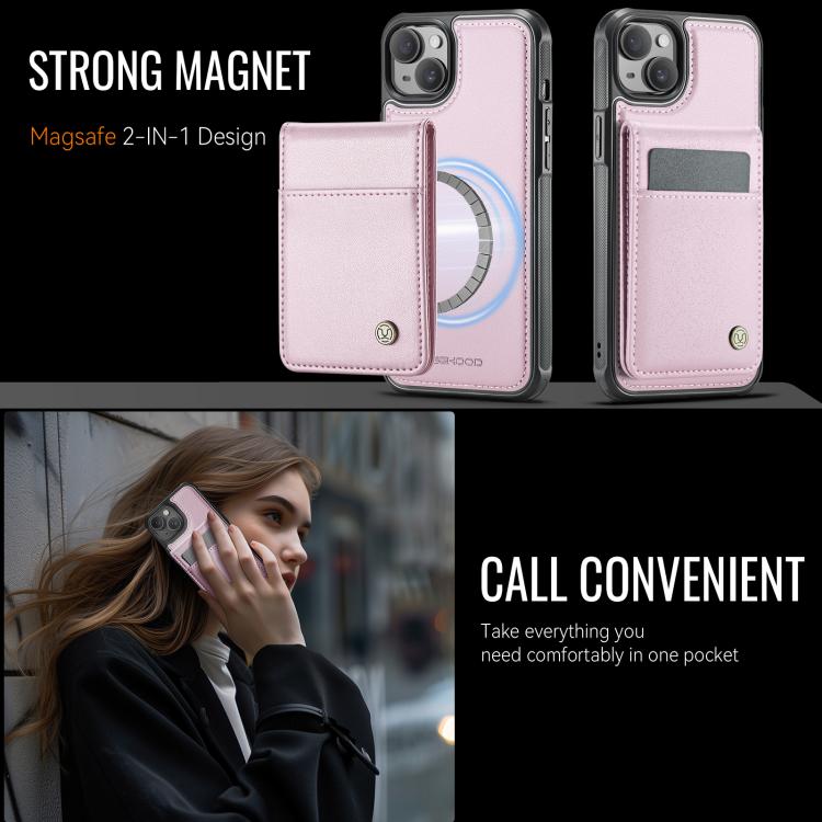 For iPhone 14 JEEHOOD J06 British Style RFID MagSafe Card Bag PU Phone Case(Pink)