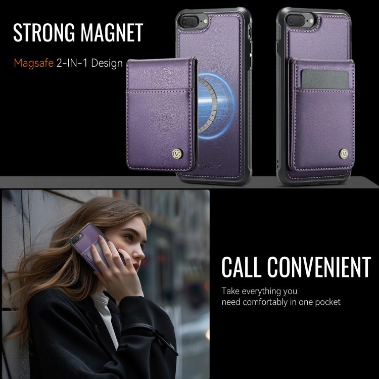 For iPhone 8 Plus / 7 Plus JEEHOOD J06 British Style RFID MagSafe Card Bag PU Phone Case(Purple)