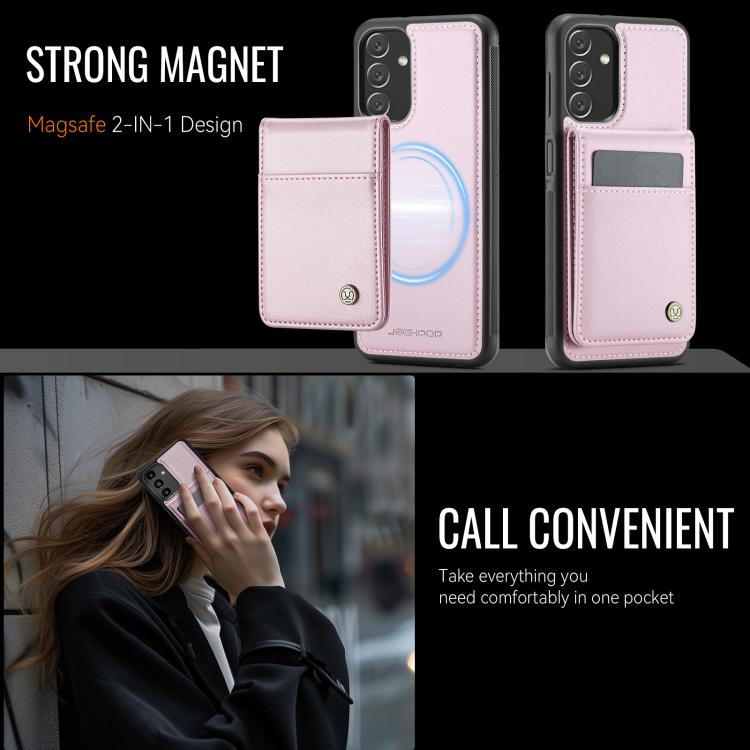 For Samsung Galaxy A13 4G JEEHOOD J06 British Style RFID MagSafe Card Bag PU Phone Case(Pink)