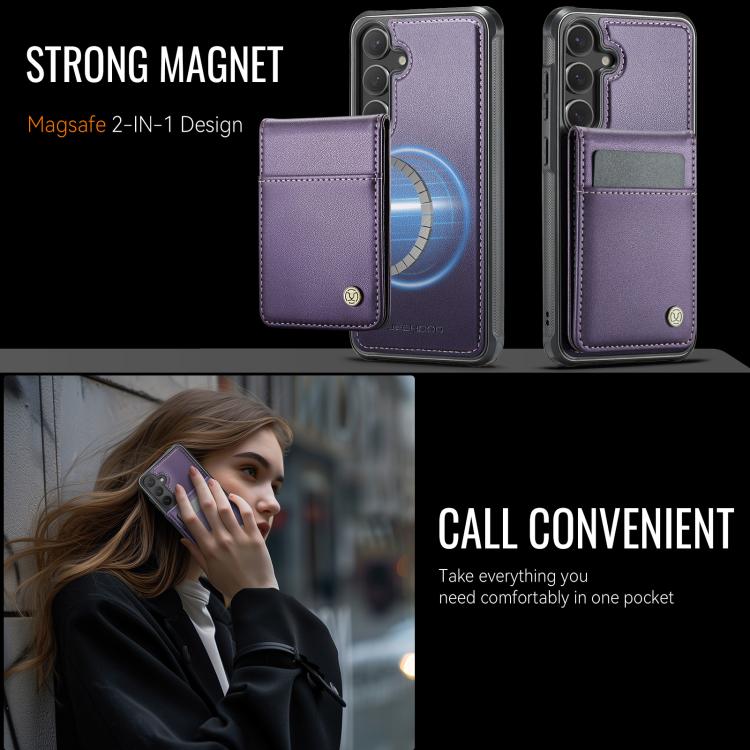 Pour Samsung Galaxy S24+ 5G JEEHOOD J06 Étui de téléphone en PU style britannique avec pochette pour cartes RFID MagSafe (Violet)