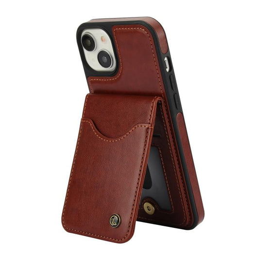For iPhone 15 Plus AwQuer Vertical Flip Card Bag Holder Leather Phone Case(Brown)
