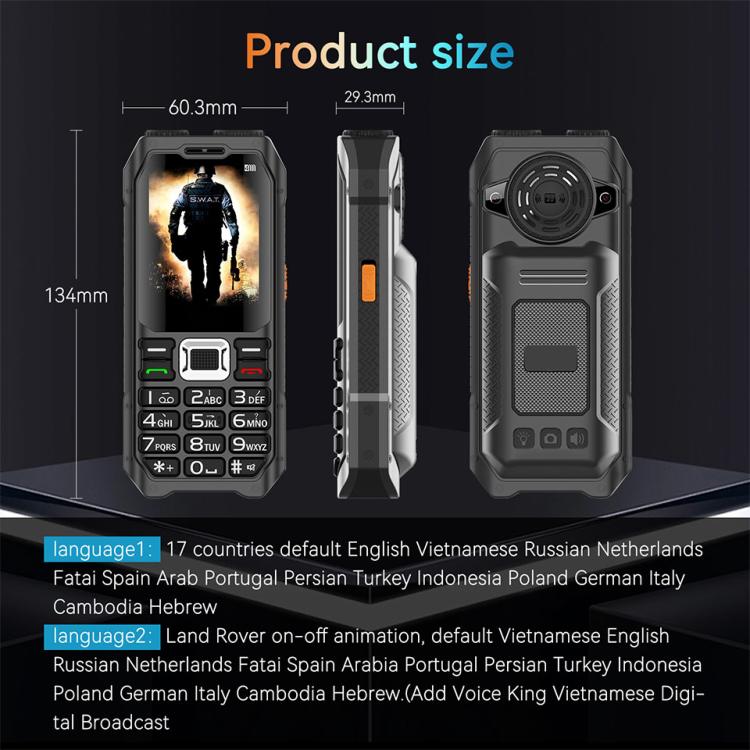 UNIWA M6000 Big Speaker Keypad Phone, 2.4 inch, Dual Flashlights, 21 Keys, SOS, FM, 4 SIM, GSM, Plug:AU Plug(Black)