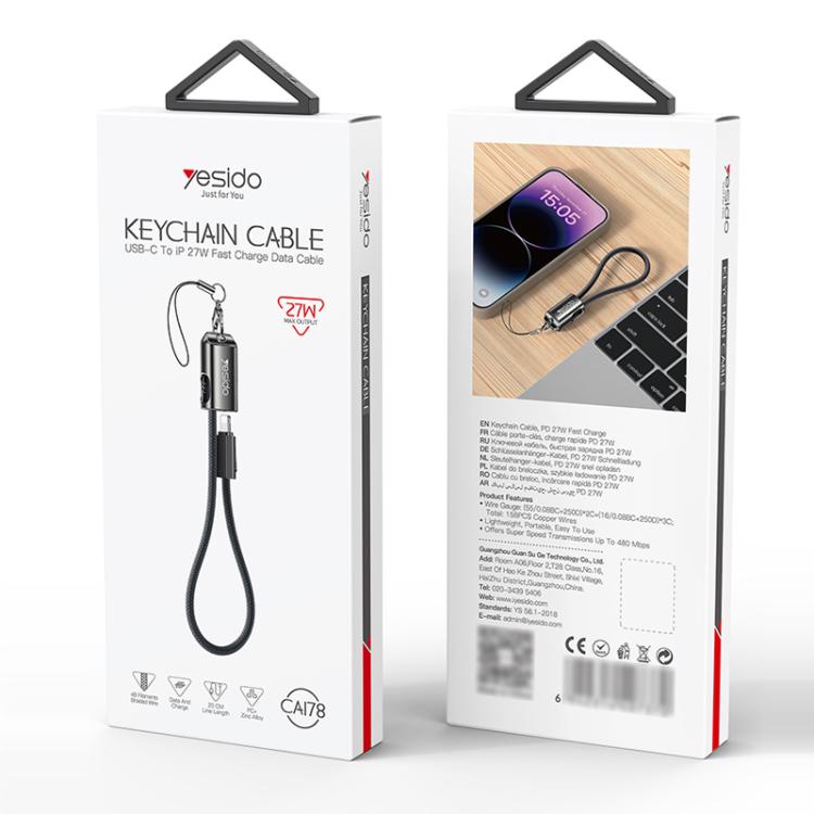 Yesido CA178 Portable Strip PD27W Type-C to 8 Pin Zinc Alloy Data Cable, Length: 20cm(Black)