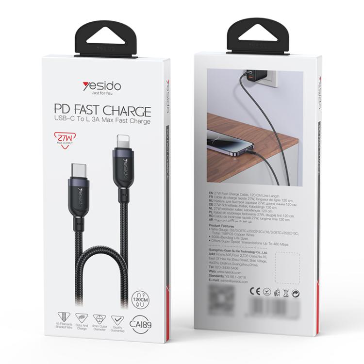 Yesido CA189 27W Type-C to 8 Pin Aluminum Alloy Data Cable, Length: 1.2m(Black)