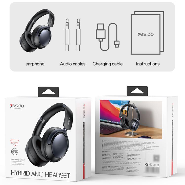 Yesido EP07 Hybrid Dual-feed ANC Noise Reduction Bluetooth Headphones(Black)