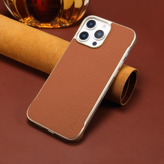 For iPhone 15 Pro Denior A20 Genuine Leather Litchi Texture MagSafe Frameless Phone Case(Brown)