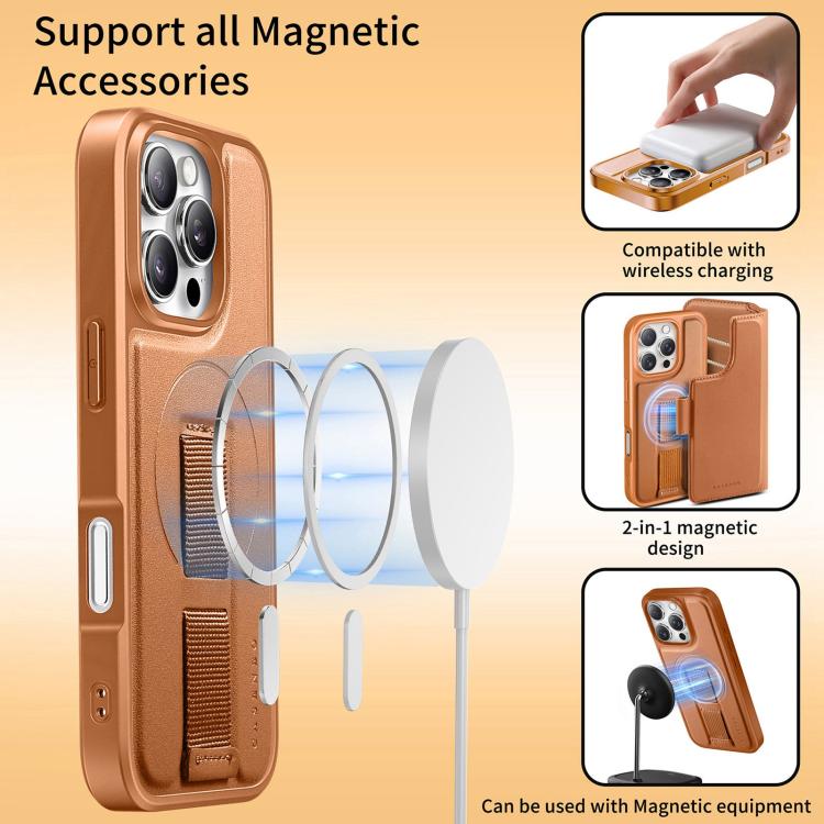For iPhone 16 Pro CaseNeo Finger Grip Strap MagSafe Leather Phone Case(Brown)