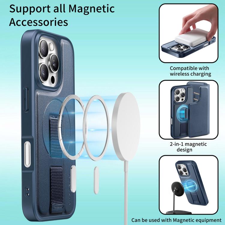 For iPhone 16 Pro CaseNeo Finger Grip Strap MagSafe Leather Phone Case(Blue)
