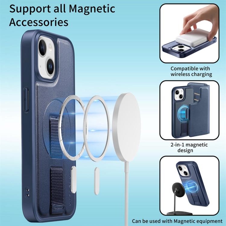 For iPhone 15 CaseNeo Finger Grip Strap MagSafe Leather Phone Case(Blue)