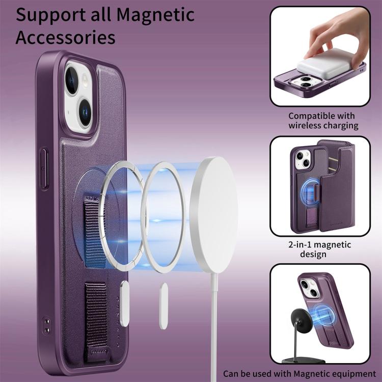 Pour iPhone 14 / 13 Coque Étui de protection en cuir MagSafe avec dragonne Neo Finger Grip (Violet)