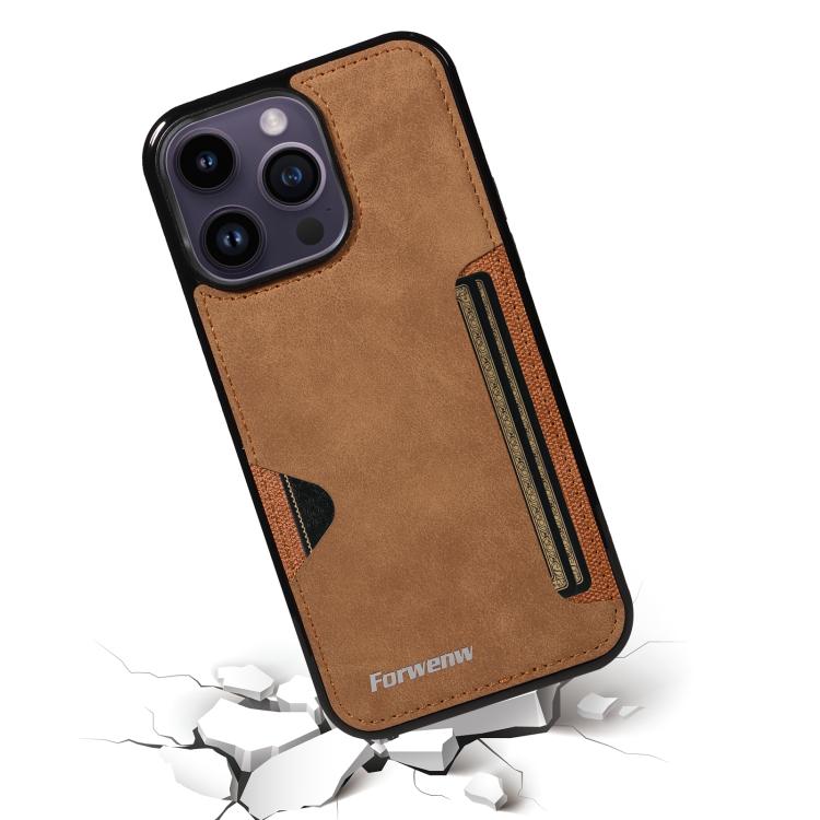 For iPhone 14 Pro Max Forwenw F5 Series Integrated Card Bag Phone Case(Brown)