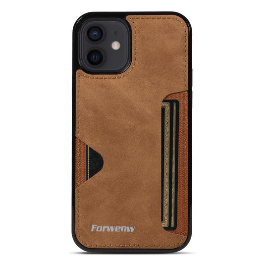 Pour iPhone 12 Étui de téléphone avec pochette à cartes intégrée Forwenw série F5 (marron)