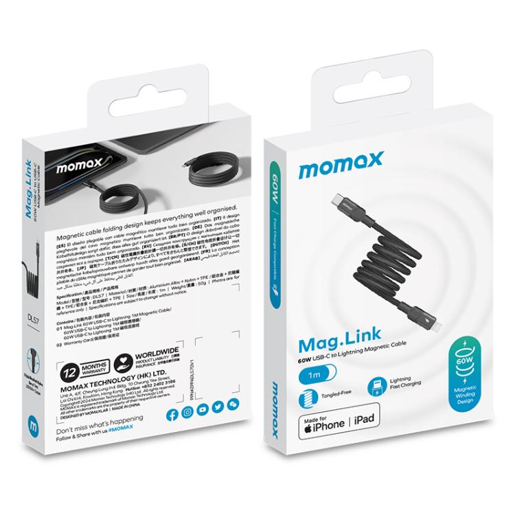 MOMAX DL57D Mag.Link 60W Type-C to 8 Pin Magnetic Braided Fast Charging Data Cable, Length:1m(Black)