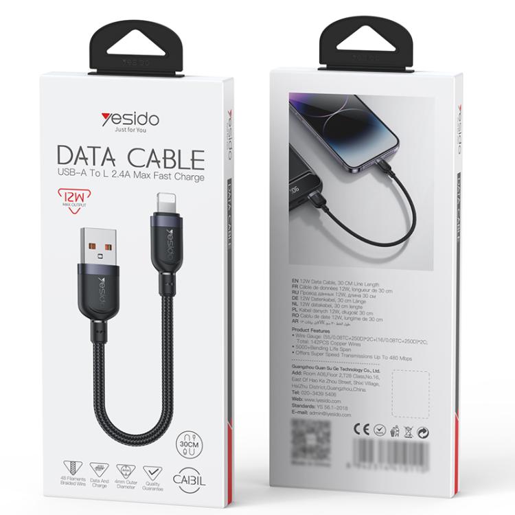 Yesido CA131L Câble de charge et de données USB vers 8 broches 12W 2.4A, longueur : 0.3m (noir)