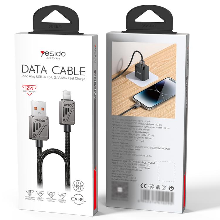 Yesido CA135L 12W 2.4A USB to 8 Pin Zinc Alloy Data Cable, Length:1.2m(Black)