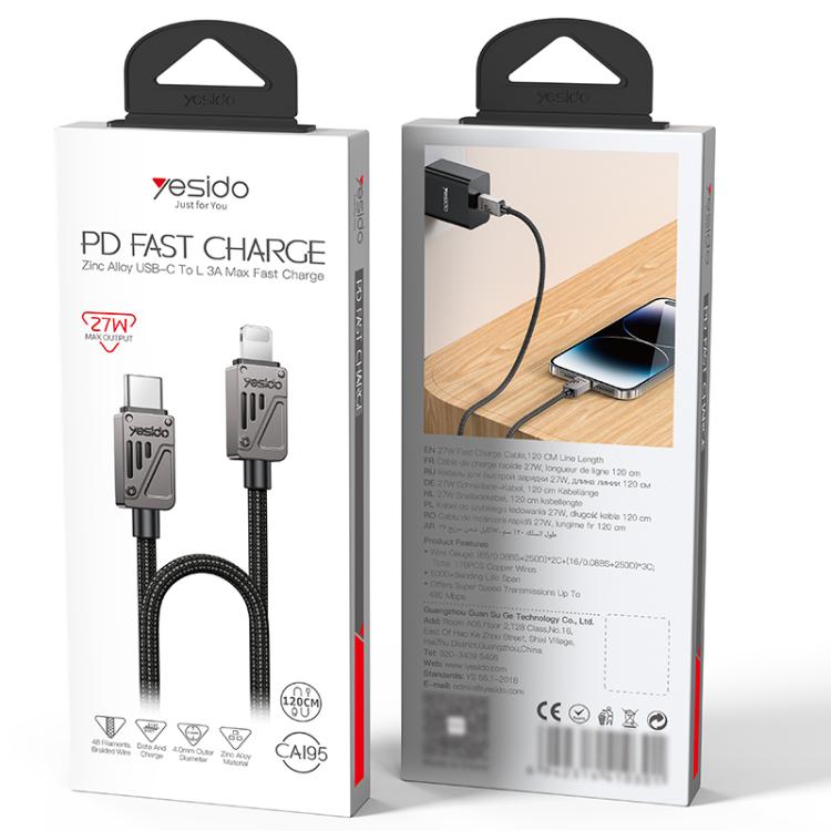 Câble de données Yesido CA195 27W 3A USB-C / Type-C vers 8 broches en alliage de zinc, longueur : 1,2 m (noir)