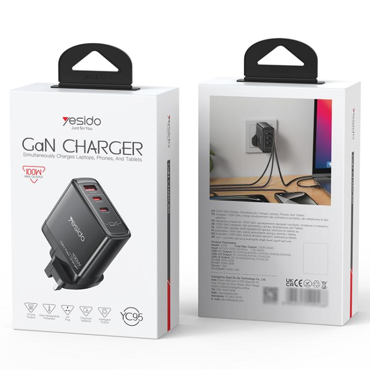 Yesido YC95 PD100W 2 USB-C , USB-A Three Ports GaN Fast Charger, Plug:UK Plug(Black)