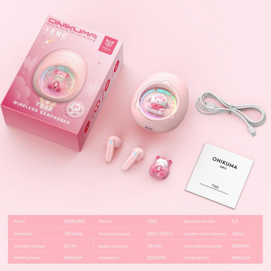 Écouteurs sans fil ONIKUMA T302 RGB Mignons et Uniques en forme de poupée BT 5.4 (Rose)