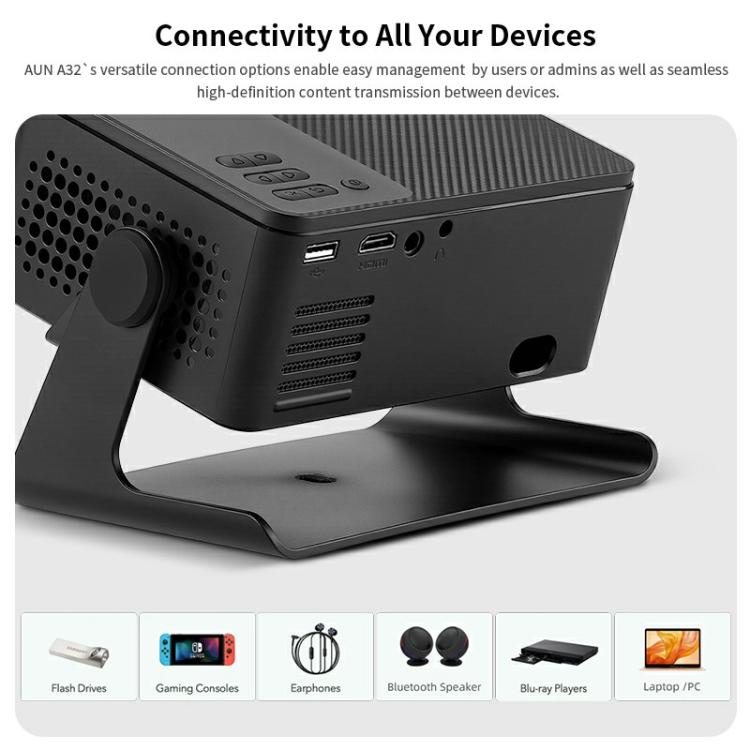 AUN A32 Pro 1280x720P 300ANSI Android 13 WIFI Display Smart Projector, EU Plug(Black)