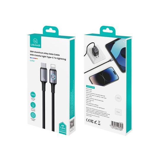 USAMS SJ753 30W Type-C to 8 Pin Aluminum Alloy Data Cable with Colorful Light, Length: 1.2m(Gunmetal)