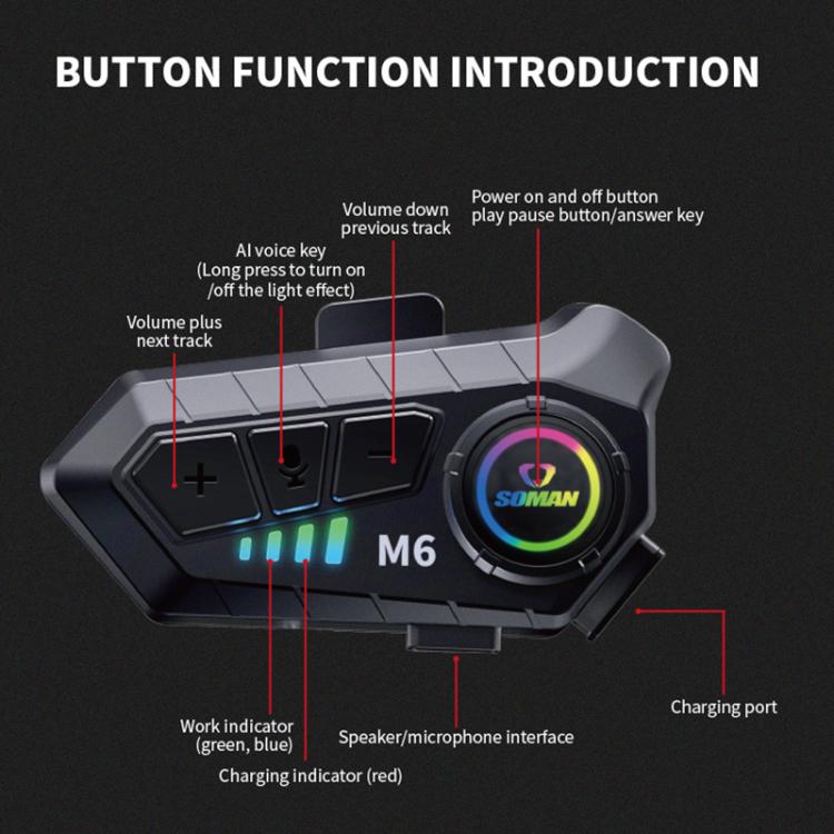 SOMAN Motorcycle Helmet Bluetooth Headset Stereo Voice Microphone, Style:M6-Hard Mic