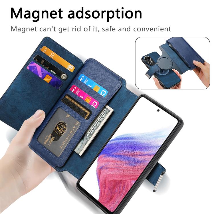 Pour Huawei nova 13 / 12 Coque Néo MagSafe RFID Antivol Fermeture Éclair Portefeuille Étui Téléphone en Cuir Rétro (Bleu)