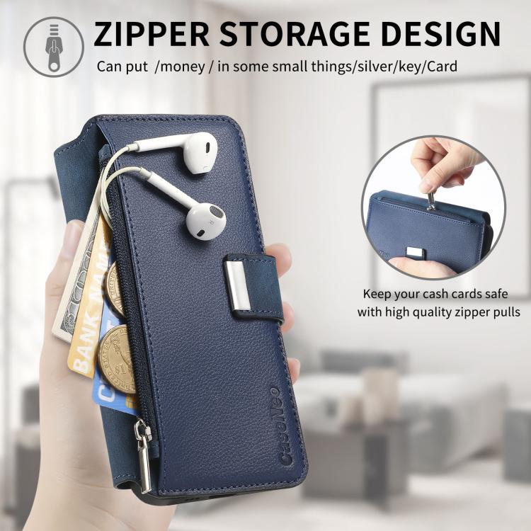 Pour Honor 90 Lite ÉtuiCoque en cuir rétro avec fermeture éclair et portefeuille MagSafe RFID antivol (Bleu)