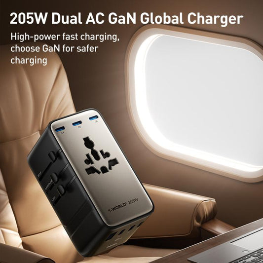 MOMAX UA28L 1-World 2 205W Dual AC 7-Port Universal Travel GaN Charger with 140W Cable(Titanium Gold)
