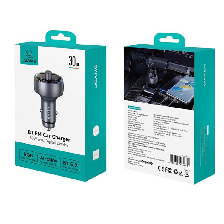 USAMS CC328 30W USB and Type-C Car Fast Charger Digital Display Bluetooth FM(Gunmetal)