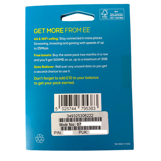 Carte SIM prépayée EE - Forfait 10 £