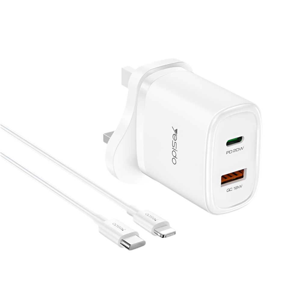 Yesido YC46 PD20W USB-C / Type-C + USB Travel Charger with 1m Type-C to 8 Pin Cable, UK Plug(White)