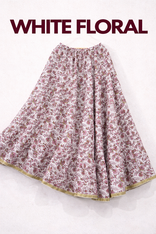 Blackfever White & Pink Floral Tiered Cotton Skirt – Free Size