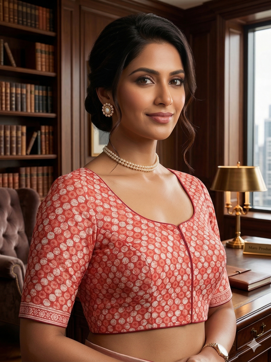 Elegant Red Hand-Block Saree Blouse with Tiered Tassels