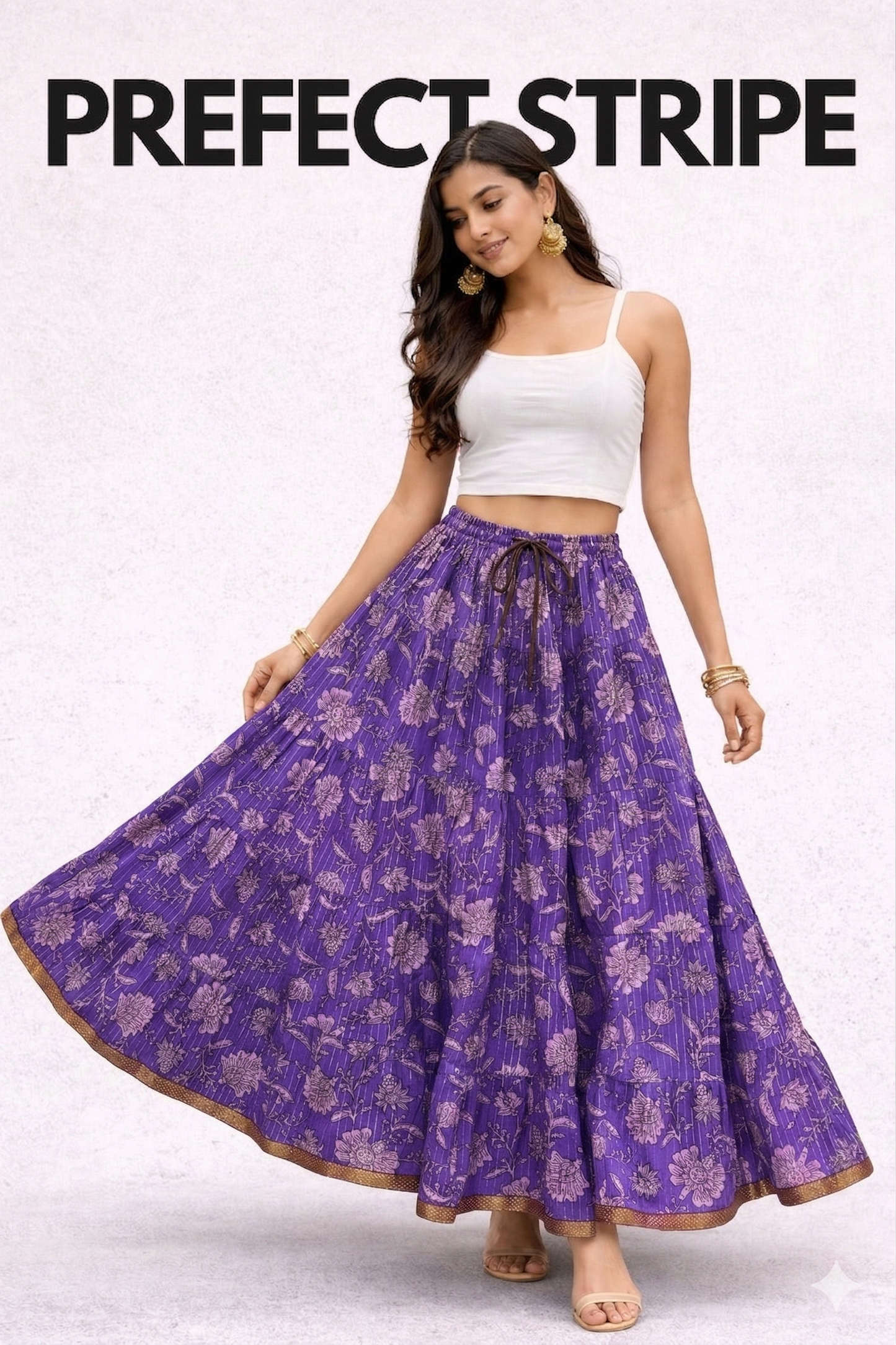 Blackfever Royal Purple Floral Tiered Cotton Skirt - Free size