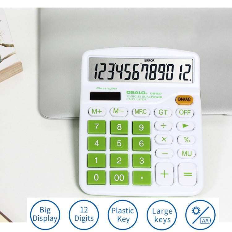 OSALO OS-837VC 12 Digits Colorful Desktop Calculator Solar Energy Dual Power Calculator(Green)