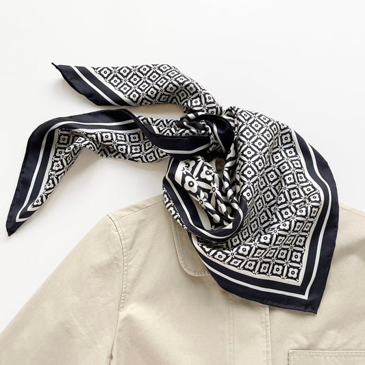 Monochrome Bloom Silk Square Scarf - 90cm Women's Head Scarf