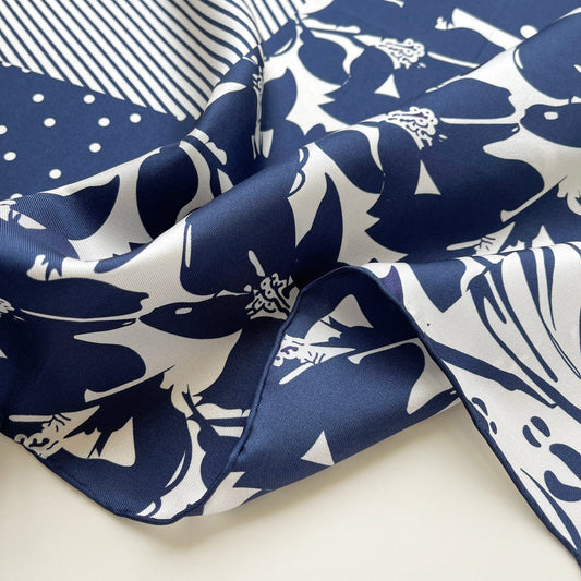Navy Floral & Dots Silk Scarf Bandana – 65cm for Women
