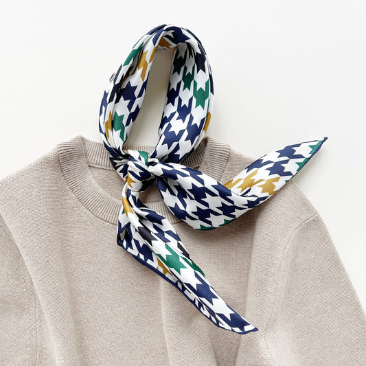 Navy Heritage Houndstooth Silk Scarf – 65cm Double-Sided Print Unisex Square with Hand-Rolled Edges