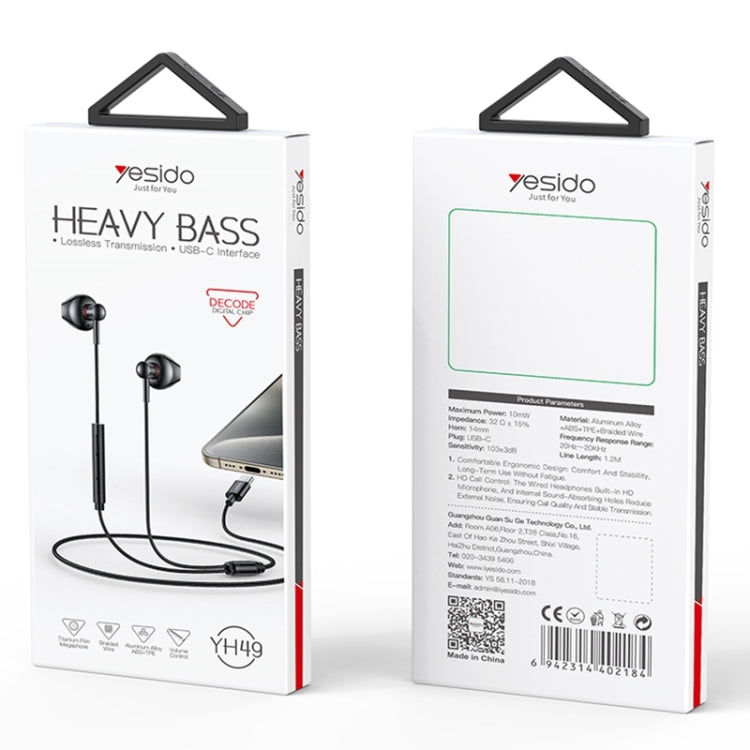 Écouteurs intra-auriculaires filaires Yesido YH49 Type-C avec contrôle de ligne, longueur : 1,2 m (noir)