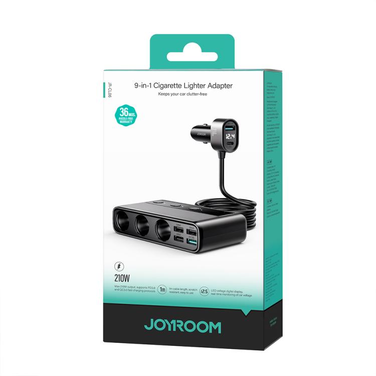 JOYROOM JR-CL06 9 in 1 210W PD USB-C / Type-C + Dual QC3.0 USB + 3 USB + 3 Cigarette Lighter Holes Digital Display Car Charger (Black)