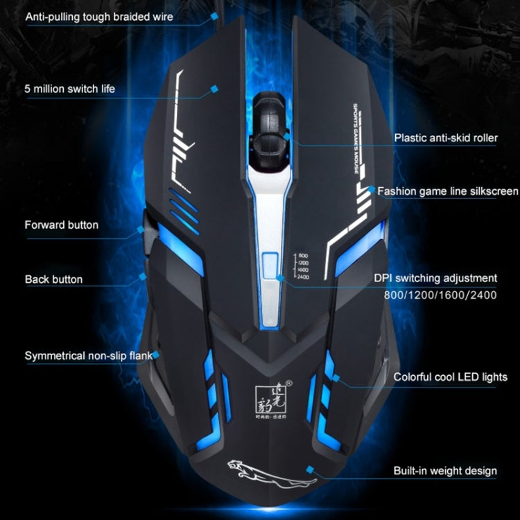 Chasing Leopard V17 USB 2400DPI Four-speed Adjustable Line Pattern Wired Optical Gaming Mouse with LED Breathing Light, Length: 1.45m(Black)