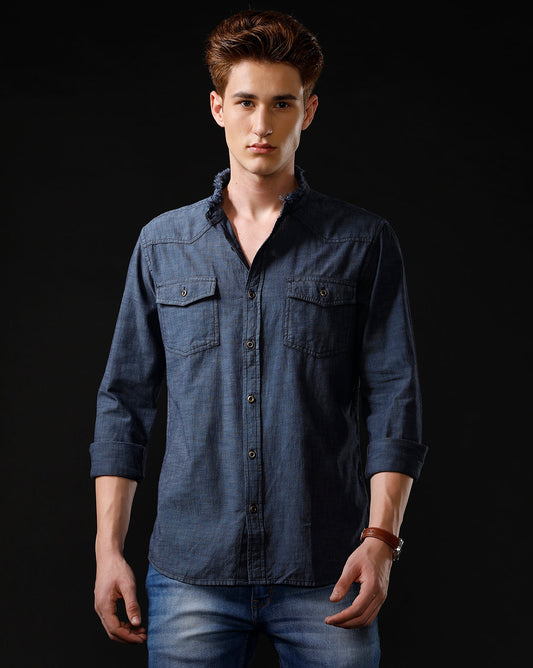 Men's Slim Fit Solid Denim Casual Shirt (MADON)