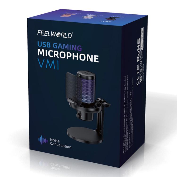 FEELWORLD VM1-XS USB Condenser Gaming Microphone for Streaming Noise Cancellation Mute RGB Light Desktop Stand (Black)