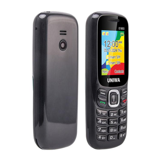Téléphone portable à clavier UNIWA E1803 pour seniors, 1,77 pouces SC6531E, lampe de poche LED, 21 touches, réseau : 2G, prise UE (Noir)