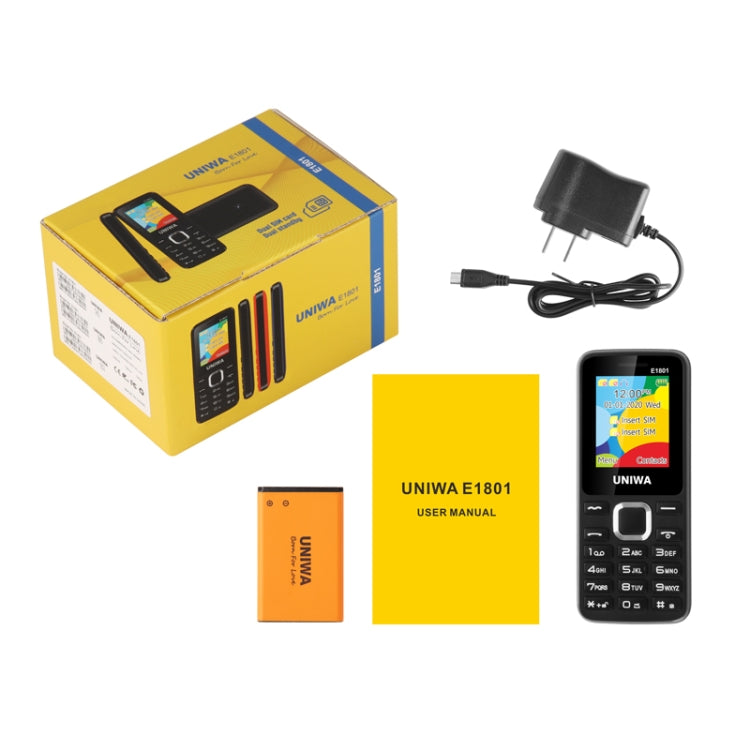 UNIWA E1801 Mobile Phone, 1.77 inch, 800mAh Battery, 21 Keys, Support Bluetooth, FM, MP3, MP4, GSM, Dual SIM(Black)