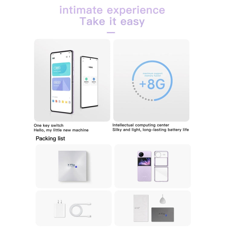 vivo X Flip 5G, 50MP Camera, 12GB+512GB, Dual Back Cameras, Side Fingerprint Identification, 4400mAh Battery, 6.74 inch + 3.0 inch Android 13.0 OriginOS 3 Qualcomm Snapdragon 8+ Gen1 Octa Core up to 3.0GHz, NFC, OTG, Network: 5G (Purple)